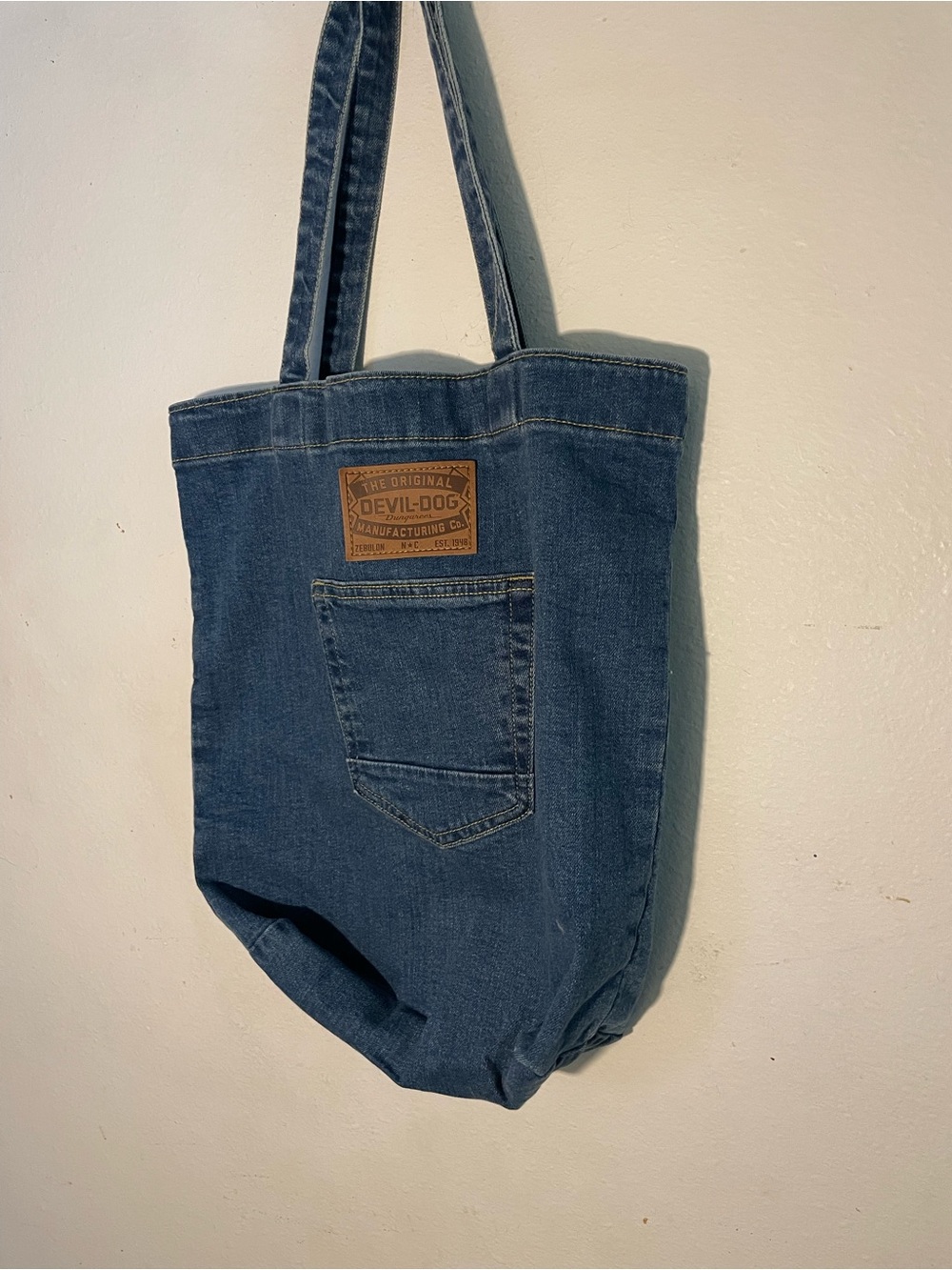Denim Shoulder Tote Bag with Front Pocket - Blue